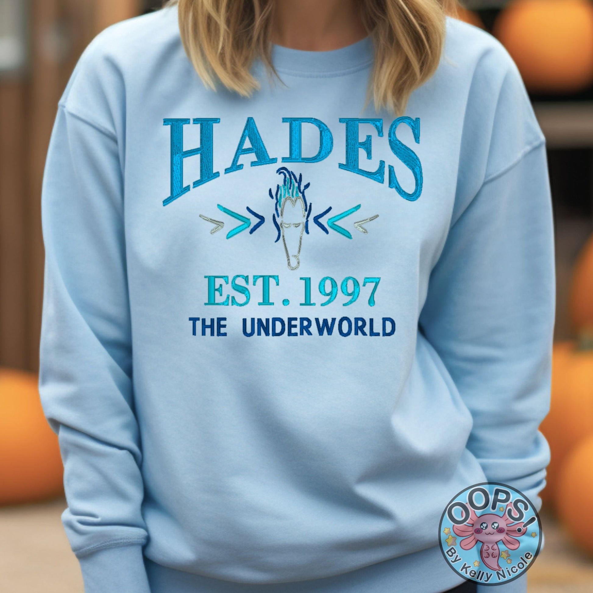 Disney Villain “Hades” Hercules  inspired Embroidered Unisex Sweatshirt in Blue. Perfect for Home, work or anytime cozy comfort wear.  Order yours today at https://oopsbykellynicole.com.