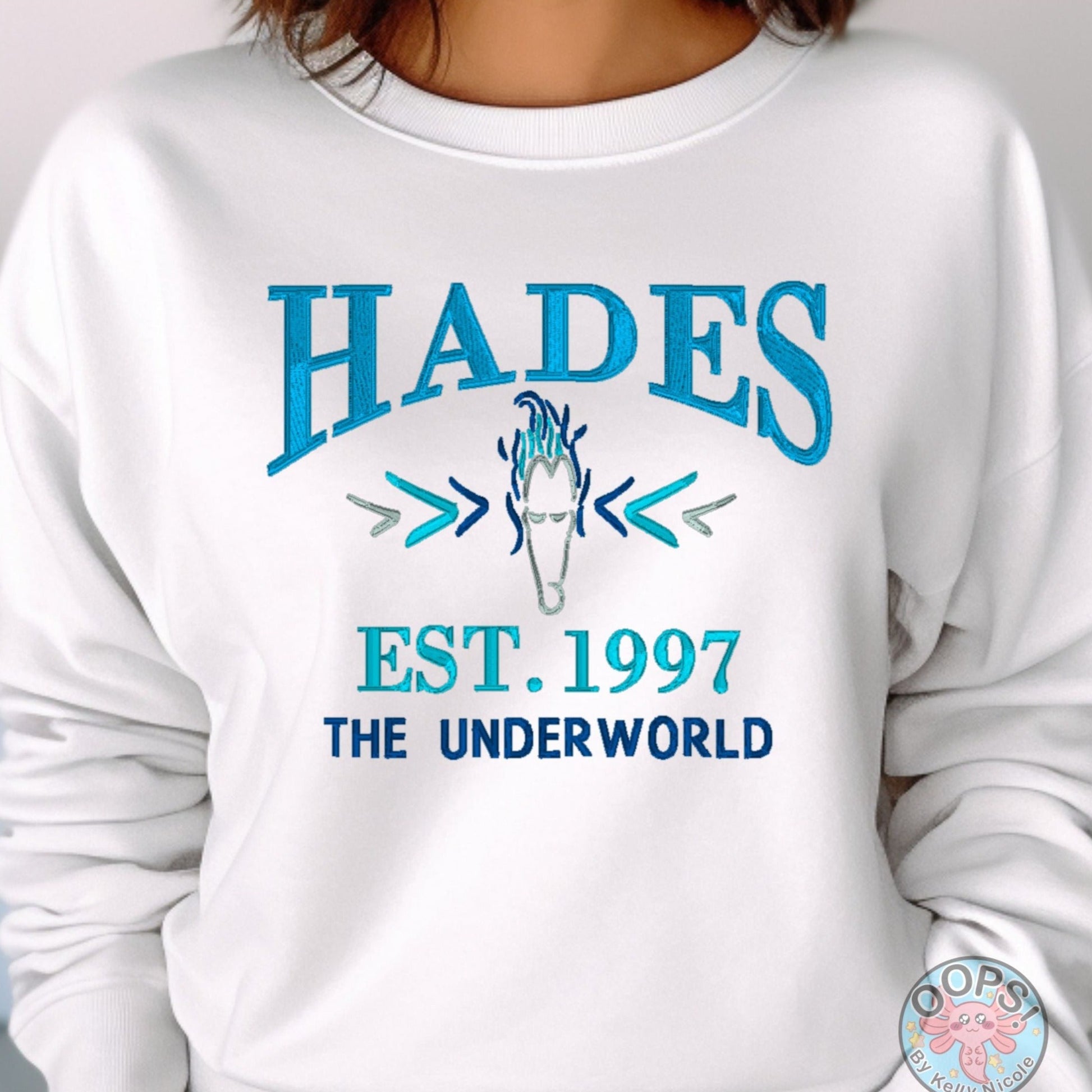 “HADES”  Disney Villain Embroidered  Heavyweight Unisex Sweatshirt in WHITE.  Shop online today to get yours at HTTPS://OOPSBYKELLYNICOLE.COM 