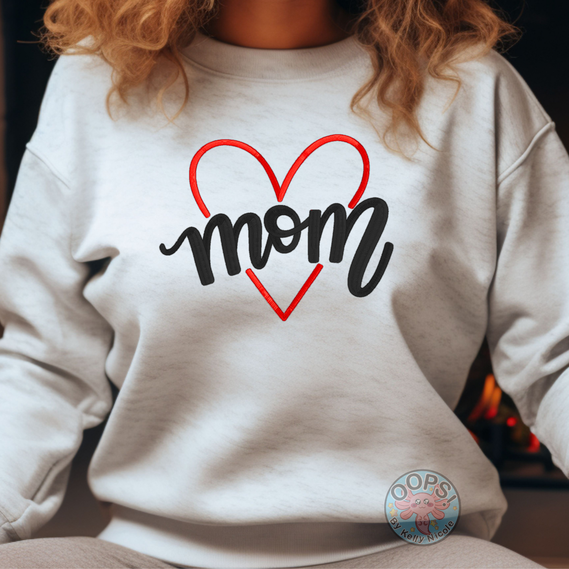 Embroidered "Love Mom" Ash Sweatshirt perfect for Mother's Day or anyday cozy comfort wear. The perfect personalized gift for any Mom. Order yours today at "oopsbykellynicole.com"!