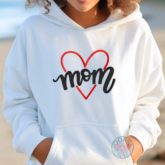 Embroidered "Love Mom"  White Hoodie perfect for Mother's Day or anyday cozy comfort wear. The perfect personalized gift for any Mom. Order yours today at "oopsbykellynicole.com"!