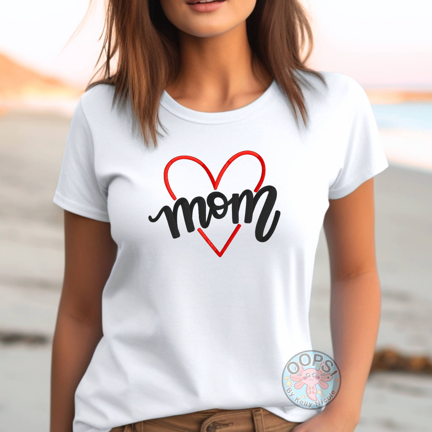 Embroidered "Love Mom" White  Comfort Colors T-Shirt perfect for Mother's Day or anyday cozy comfort wear. The perfect personalized gift for any Mom. Order yours today at "oopsbykellynicole.com"!