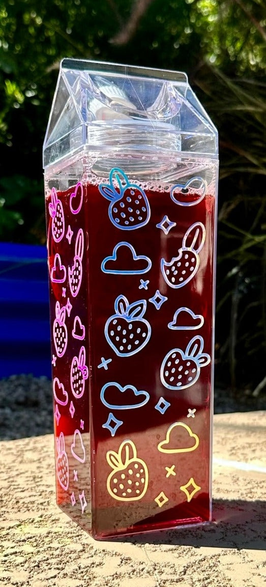 Strawberry Dreams BPA-Free Holographic Design 32 oz. refillable Milk Carton Bottle.