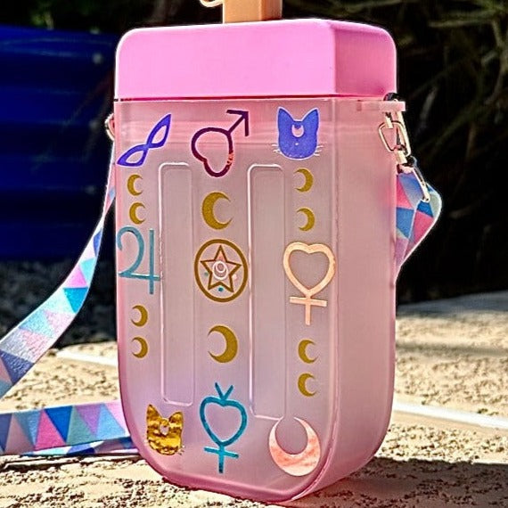 Disney Kingdom Hearts  Sailor Moon Wearable Water bottle for 10 oz beverage with lid and straw. 02 BPA Free, Refillable & customized Perfect for a day out, hands-free use, vacation and Personalized Gift.  Shop online today to get yours at HTTPS://OOPSBYKELLYNICOLE.COM