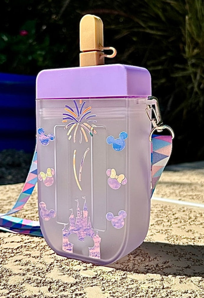 Disney Theme  Wearable Water bottle for 10 oz beverage with lid and straw.  Castle and Mickey design,  BPA Free, Refillable & customized Perfect for a day out, hands-free use, vacation and Personalized Gift. 02 Shop online today to get yours at HTTPS://OOPSBYKELLYNICOLE.COM