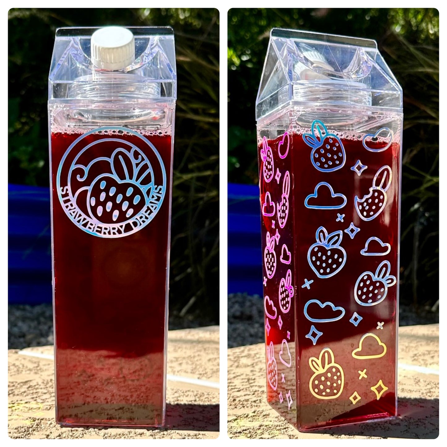 Strawberry Dreams BPA-Free Holographic Design 32 oz. refillable Milk Carton Bottle.