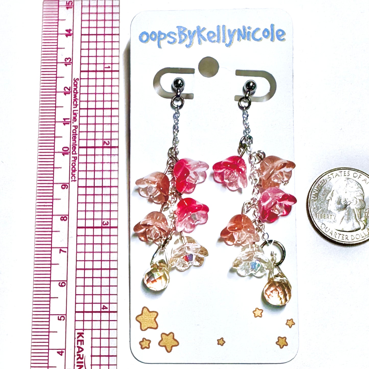 Wisteria Red Blush  Floral Drop Earrings with Crystal dangle. Gold or Silver- Plated.  Lightweight, Hypoallergenic Statement posts. Its  seamlessly transitions from casual outings, Weddings and elegant events. Measurements  Shop online today to get yours at HTTPS://OOPSBYKELLYNICOLE.COM 