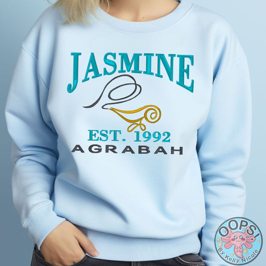 “J̌asmine”  Disney Princess  Embroidered  Heavyweight Unisex Sweatshirt in BLUE.  Shop online today to get yours at HTTPS://OOPSBYKELLYNICOLE.COM 