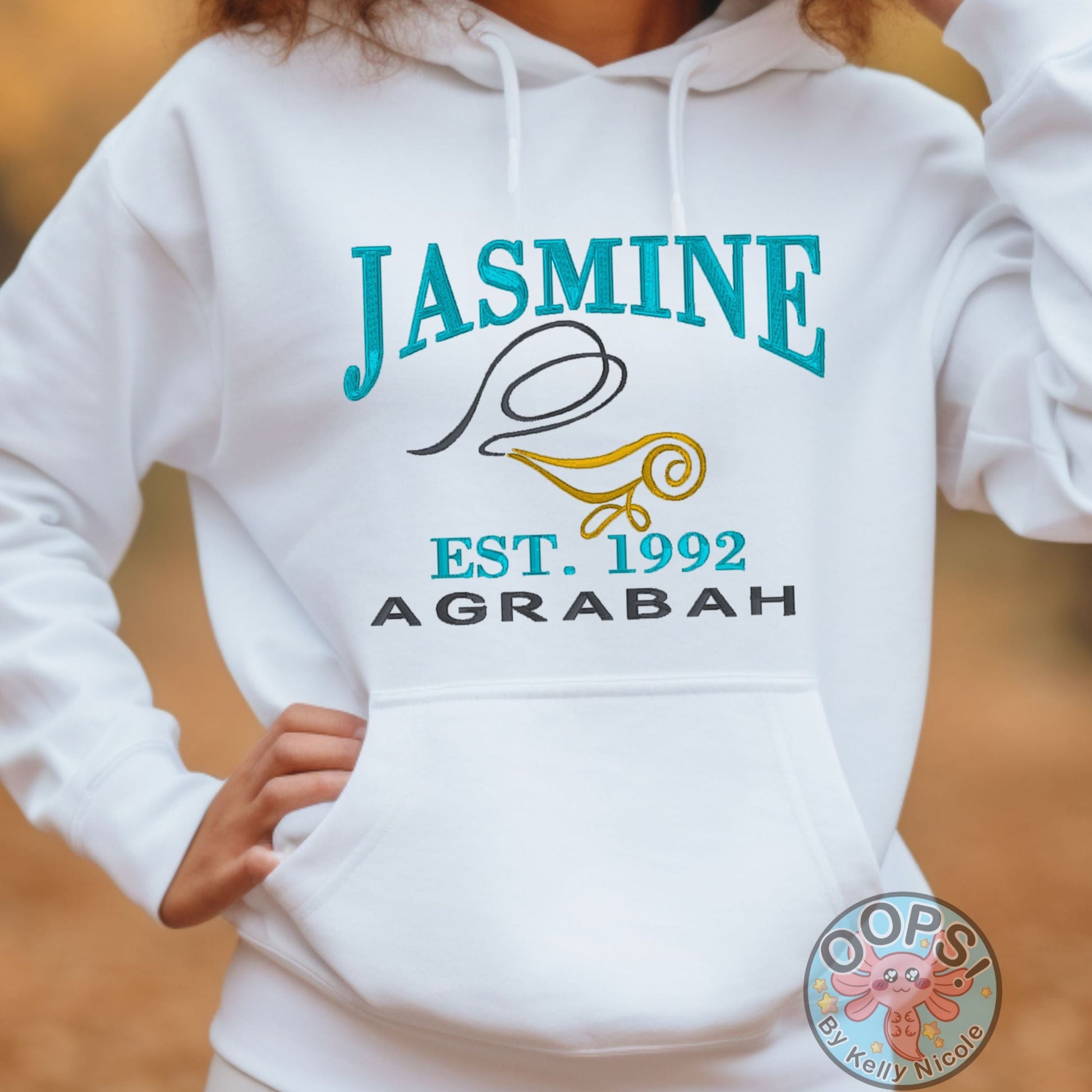 “Jasmine”  Disney Princess  Embroidered   Embroidered Heavyweight Unisex Hoodie in WHITE.  Shop online today to get yours at HTTPS://OOPSBYKELLYNICOLE.COM 