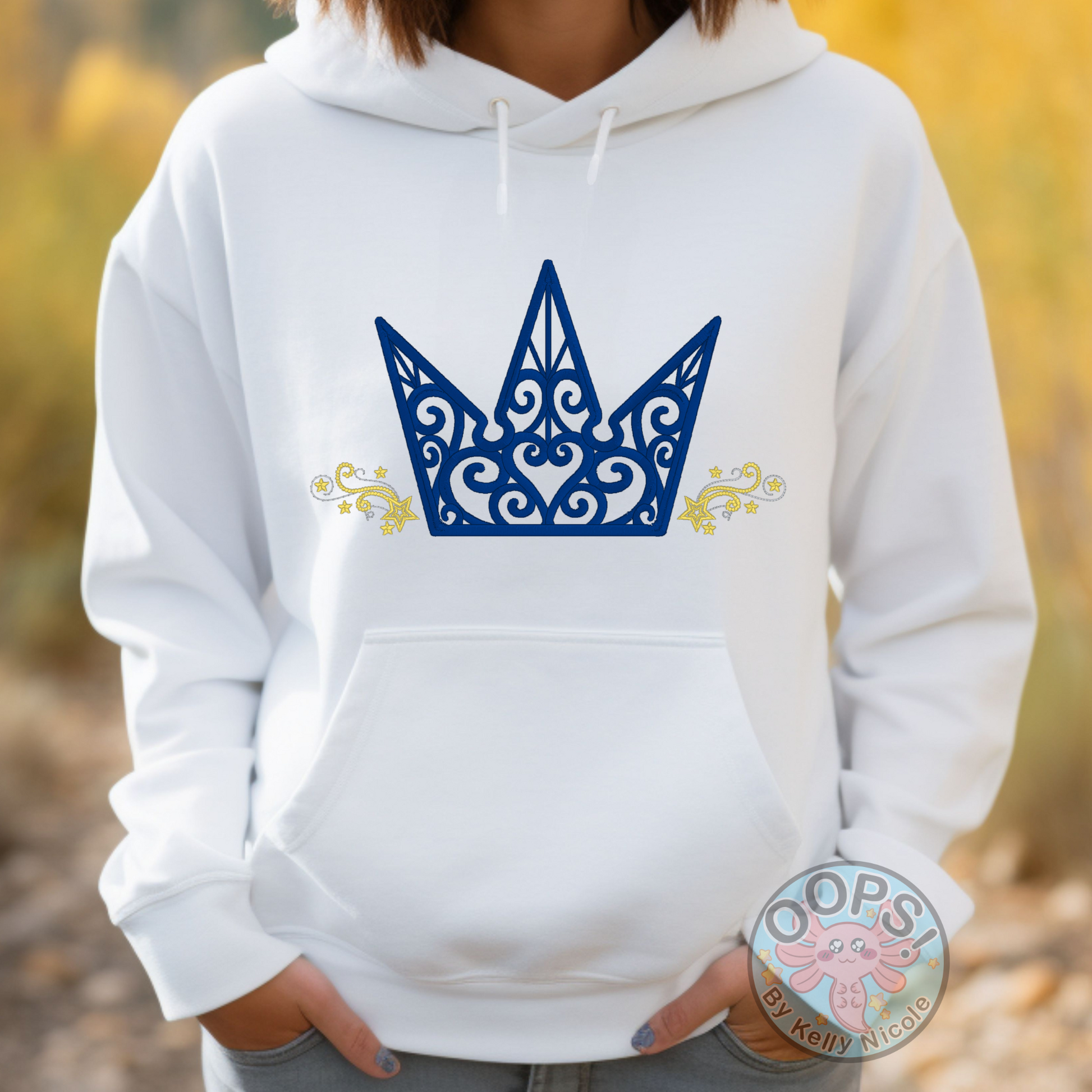 Disney Kingdom Hearts Video Game Crown Shirt.  Embroidered Heavyweight Unisex Hoodie in White.  Shop online today to get yours at HTTPS://OOPSBYKELLYNICOLE.COM 