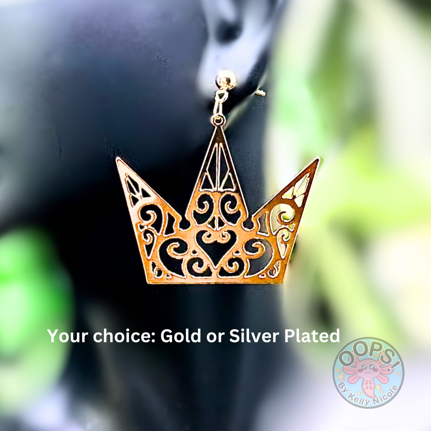 Kingdom Hearts Crown Drop Earrings Custom-design, hypoallergenic, Gold or Silver-plated Posts.  Shop online today to get yours at HTTPS://OOPSBYKELLYNICOLE.COM