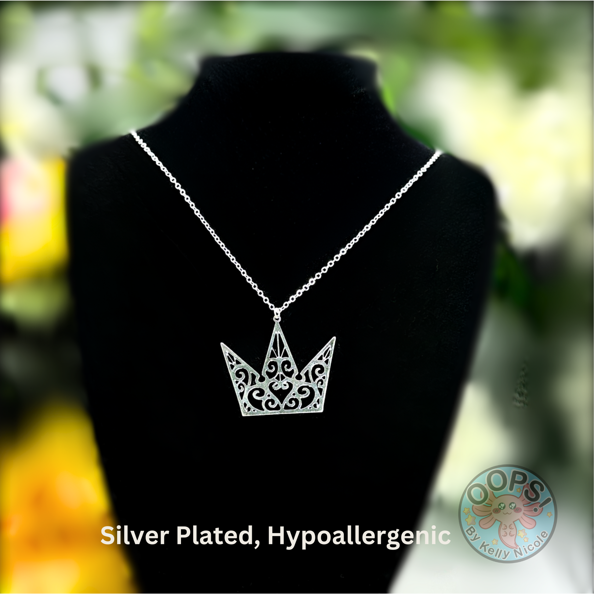 Beautiful  Kingdom Hearts Crown Pendant Silver-plated, Custom-design  with 21" chain.  On Model. Shop online today to get yours at HTTPS://OOPSBYKELLYNICOLE.COM