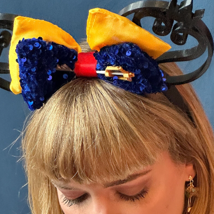 Disney “Kingdom Hearts” Mickey Ears.  Black 3D Ears with KH Blue and gold  and Keyblade.  Custom designed and assembled Mickey Ears.  Shown worn 02. Shop online today to get yours at HTTPS://OOPSBYKELLYNICOLE.COM