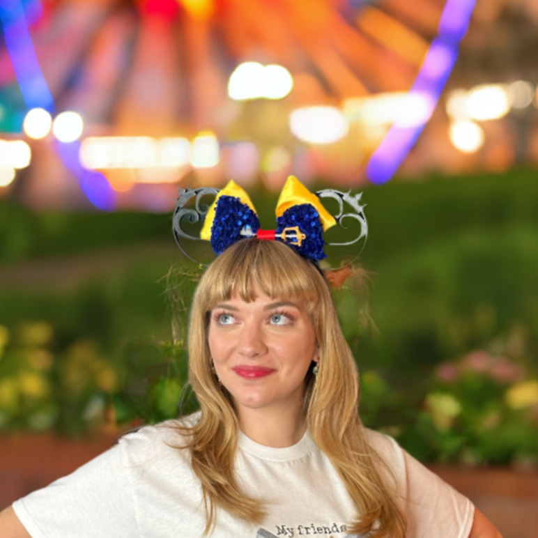 Disney “Kingdom Hearts” Mickey Ears.  Black 3D Ears with KH Blue and gold  and Keyblade.  Custom designed and assembled Mickey Ears.  Shown worn. Shop online today to get yours at HTTPS://OOPSBYKELLYNICOLE.COM