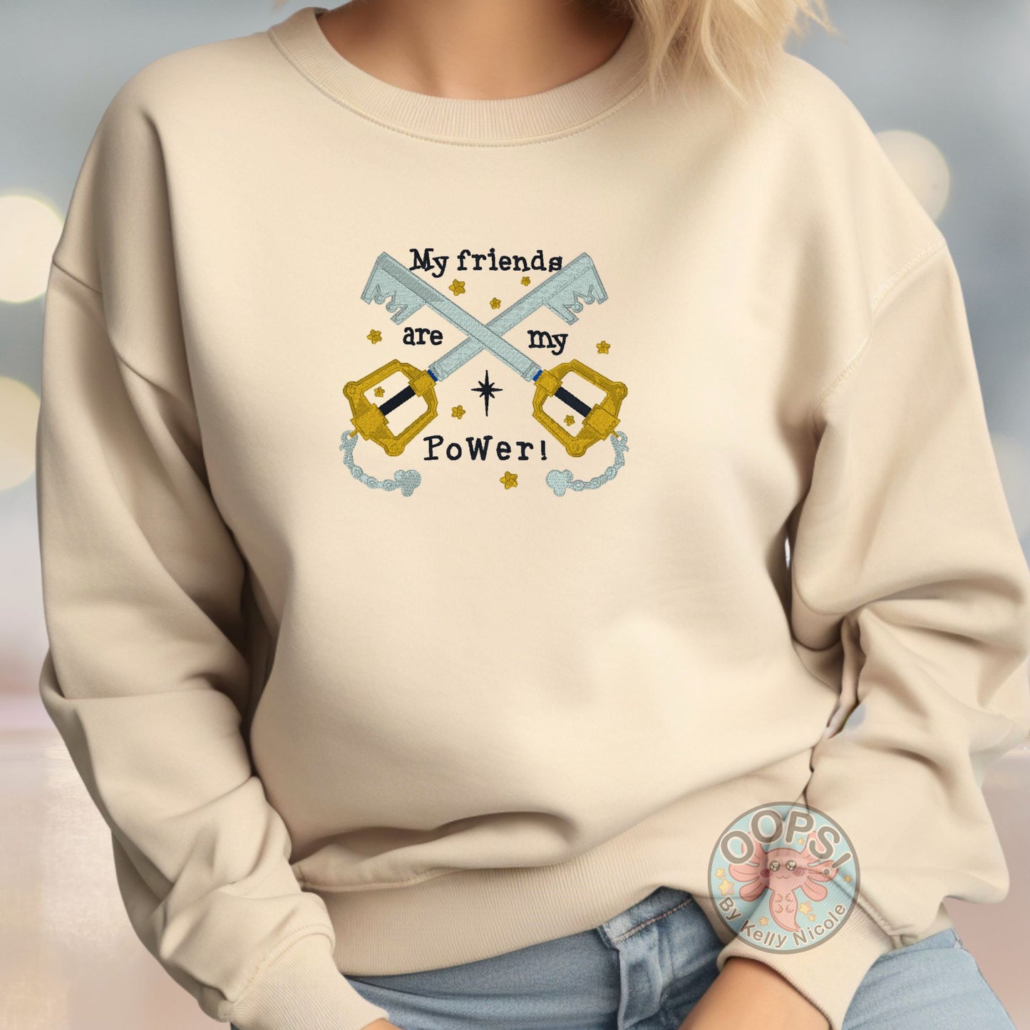 Embroidered Kingdom Hearts Key-blade "My Friends are My Power" Custom Unisex Sweatshirt in Sand.  Order yours today at https://oopsbykellynicole.com.