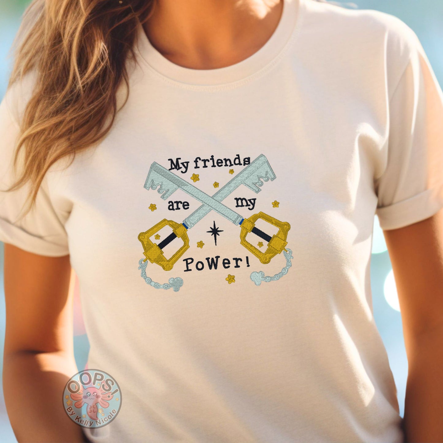 Embroidered Kingdom Hearts Key-blade "My Friends are My Power" Custom Unisex T-shirt in Ivory.  Order yours today at https://oopsbykellynicole.com.