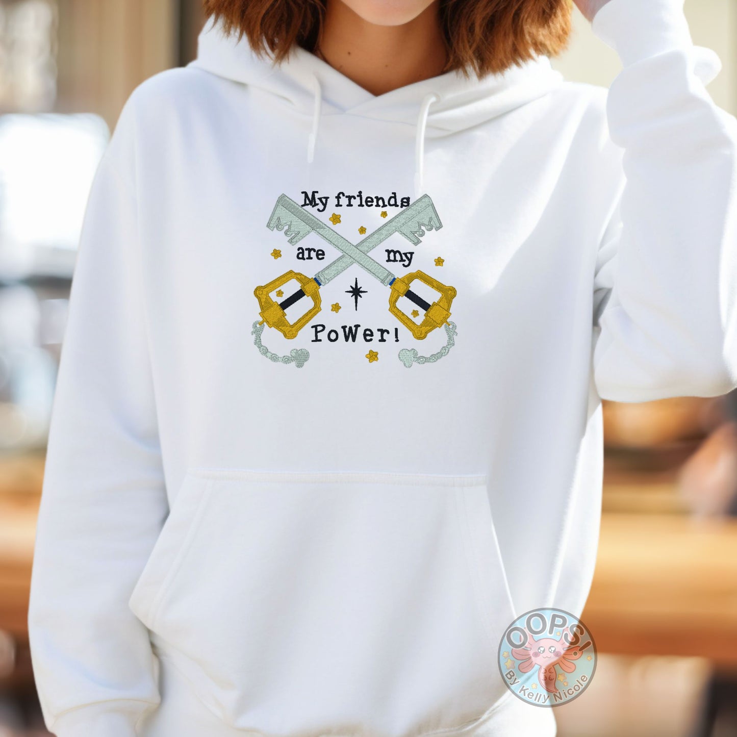 Embroidered Kingdom Hearts Key-blade "My Friends are My Power" Custom Unisex Hoodie in White.  Order yours today at https://oopsbykellynicole.com.