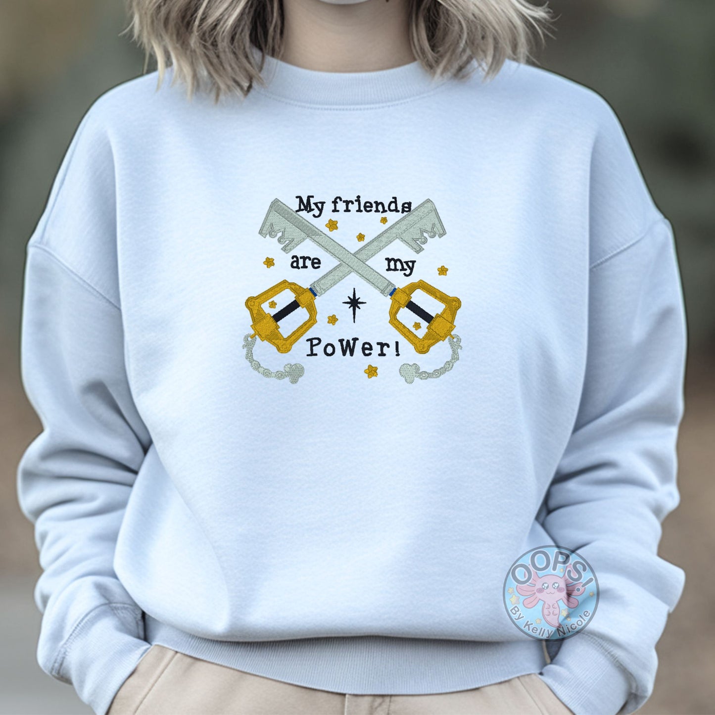 Embroidered Kingdom Hearts Key-blade "My Friends are My Power" Custom Unisex Sweatshirt in blue.  Order yours today at https://oopsbykellynicole.com.