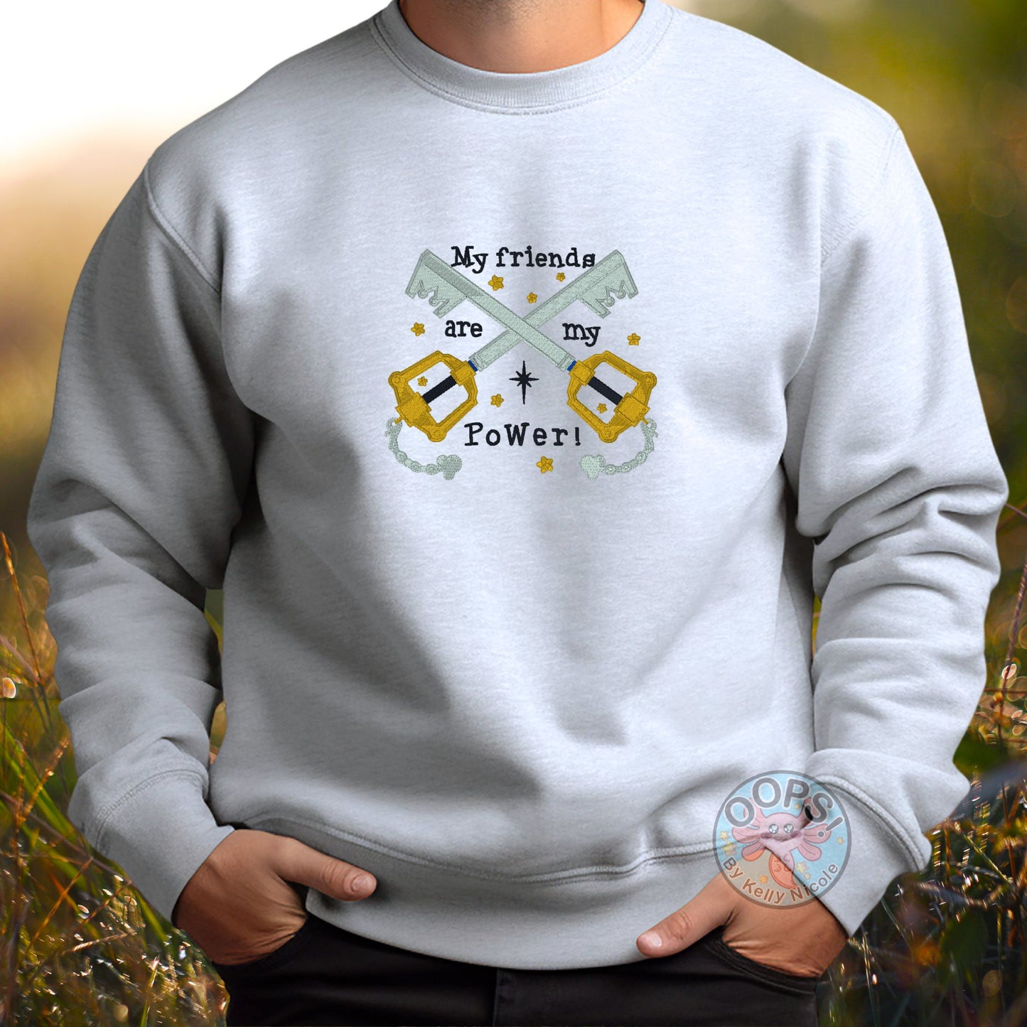 Embroidered Kingdom Hearts Key-blade "My Friends are My Power" Custom Unisex Sweatshirt in Ash.  Order yours today at https://oopsbykellynicole.com.