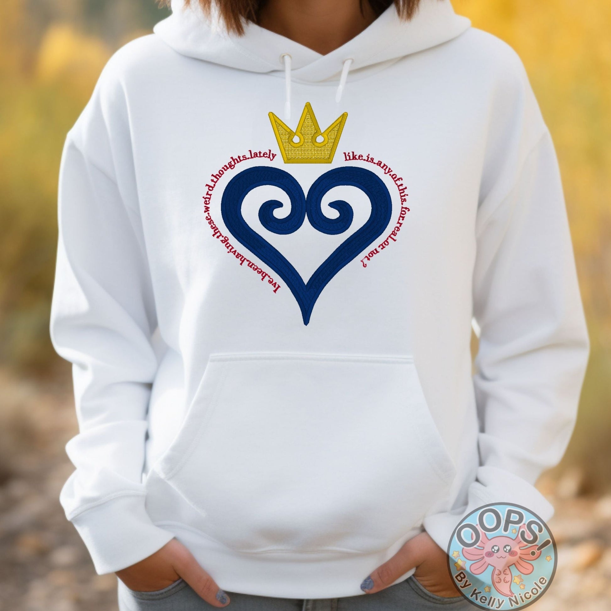 Disney Kingdom Hearts Video Game Shirt.  Embroidered Heavyweight Unisex Hoodie in White.  Shop online today to get yours at HTTPS://OOPSBYKELLYNICOLE.COM 