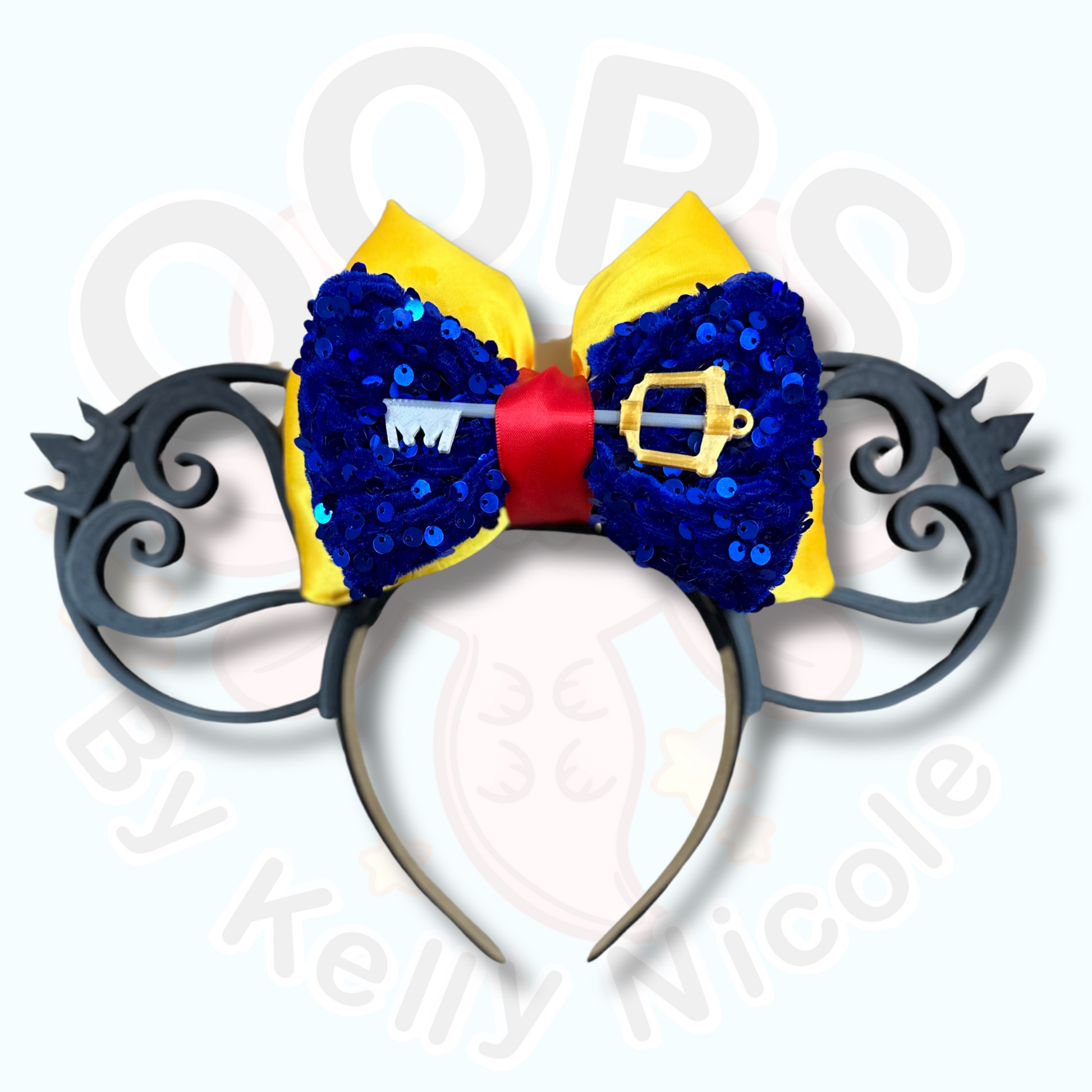 Disney “Kingdom Hearts” Mickey Ears.  Black 3D Ears with KH Blue and gold  and Keyblade.  Custom designed and assembled Mickey Ears. Shop online today to get yours at HTTPS://OOPSBYKELLYNICOLE.COM