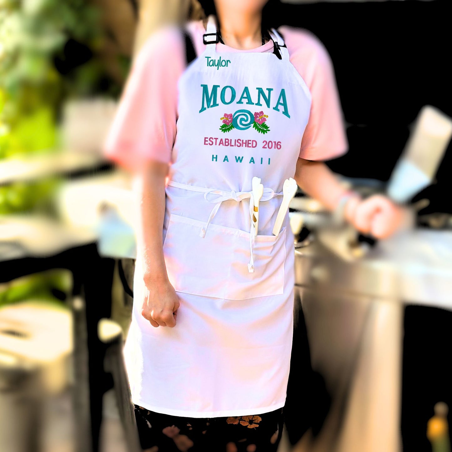 The perfect personalized Disney Princess Moana-lover gift for that person who has everything!&nbsp; Our Unisex Bib-Apron is 100% polyester, stain resistant machine washable fabric.&nbsp; It is fully adjustable with two convenient front pockets for all your essentials.  Order yours today at HTTPS://OOPSBYKELLYNICOLE.COM