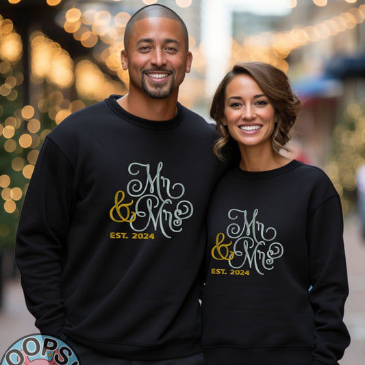 “Mr & Mrs” Wedding or Anniversary Pullover customized with the year of your Wedding Embroidered Heavyweight Unisex Sweatshirt in BLACK  Shop online today to get yours at HTTPS://OOPSBYKELLYNICOLE.COM 