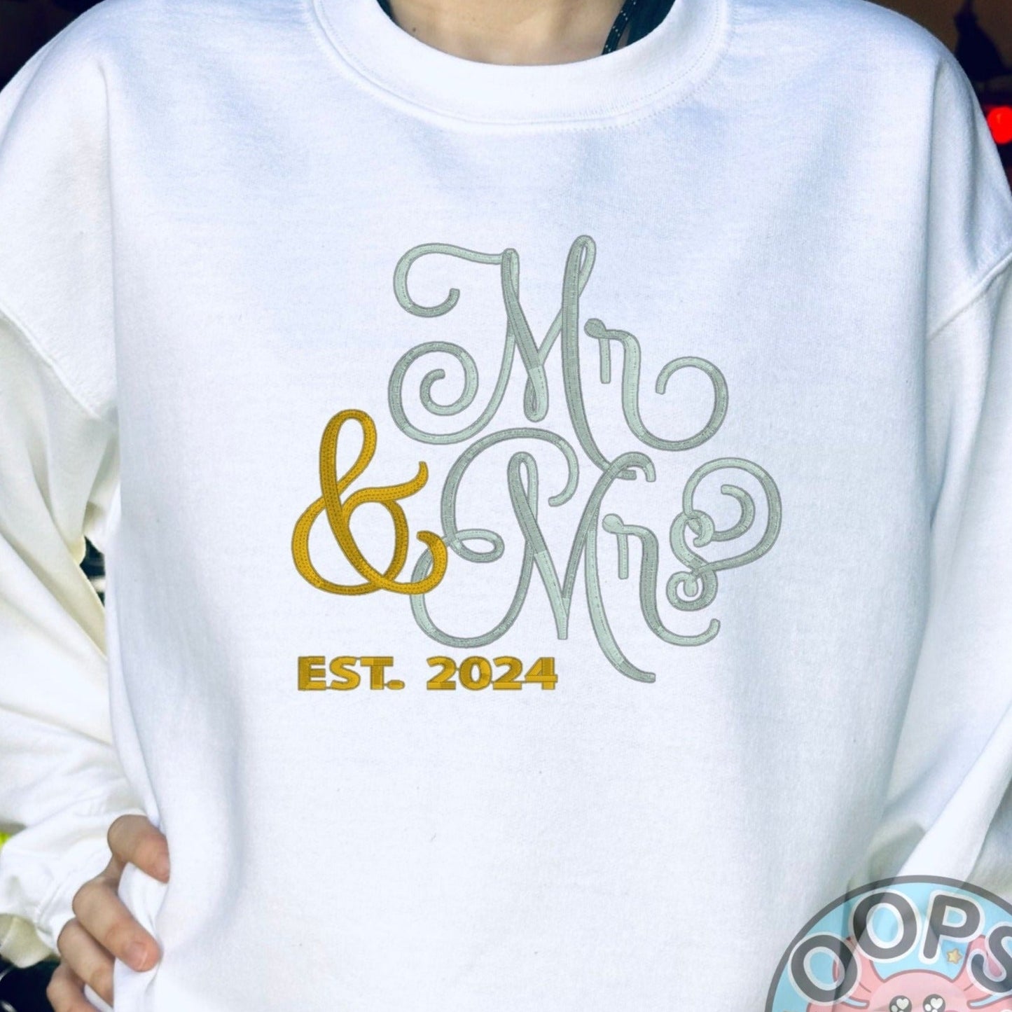 “Mr & Mrs” Wedding or Anniversary Pullover customized with the year of your Wedding Embroidered Heavyweight Unisex Sweatshirt in WHITE  Shop online today to get yours at HTTPS://OOPSBYKELLYNICOLE.COM 