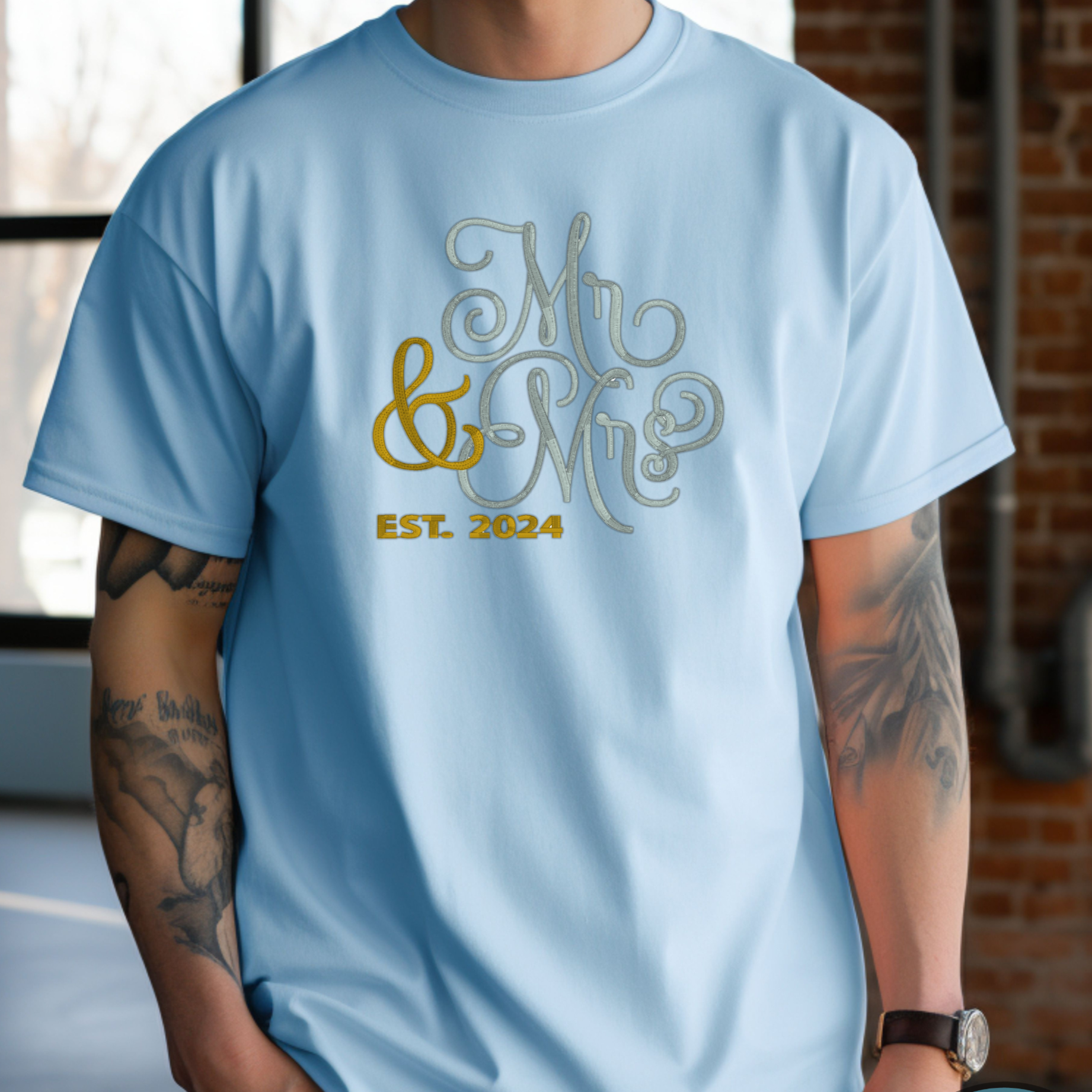 “Mr & Mrs” Wedding or Anniversary Pullover customized with the year of your Wedding .Embroidered Heavyweight Unisex Comfort Colors T-shirt iN BLUE Shop online today to get yours at HTTPS://OOPSBYKELLYNICOLE.COM 