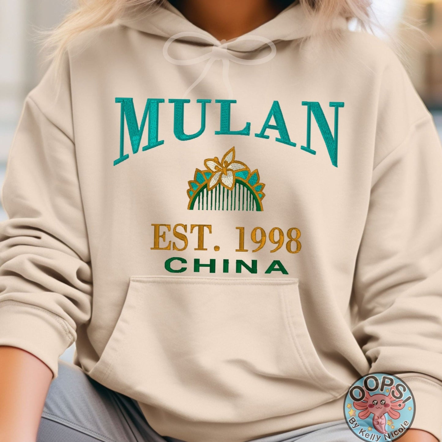 MULAN Disney Princess Embroidered Heavyweight Unisex Hoodie in SAND.  Shop online today to get yours at HTTPS://OOPSBYKELLYNICOLE.COM 