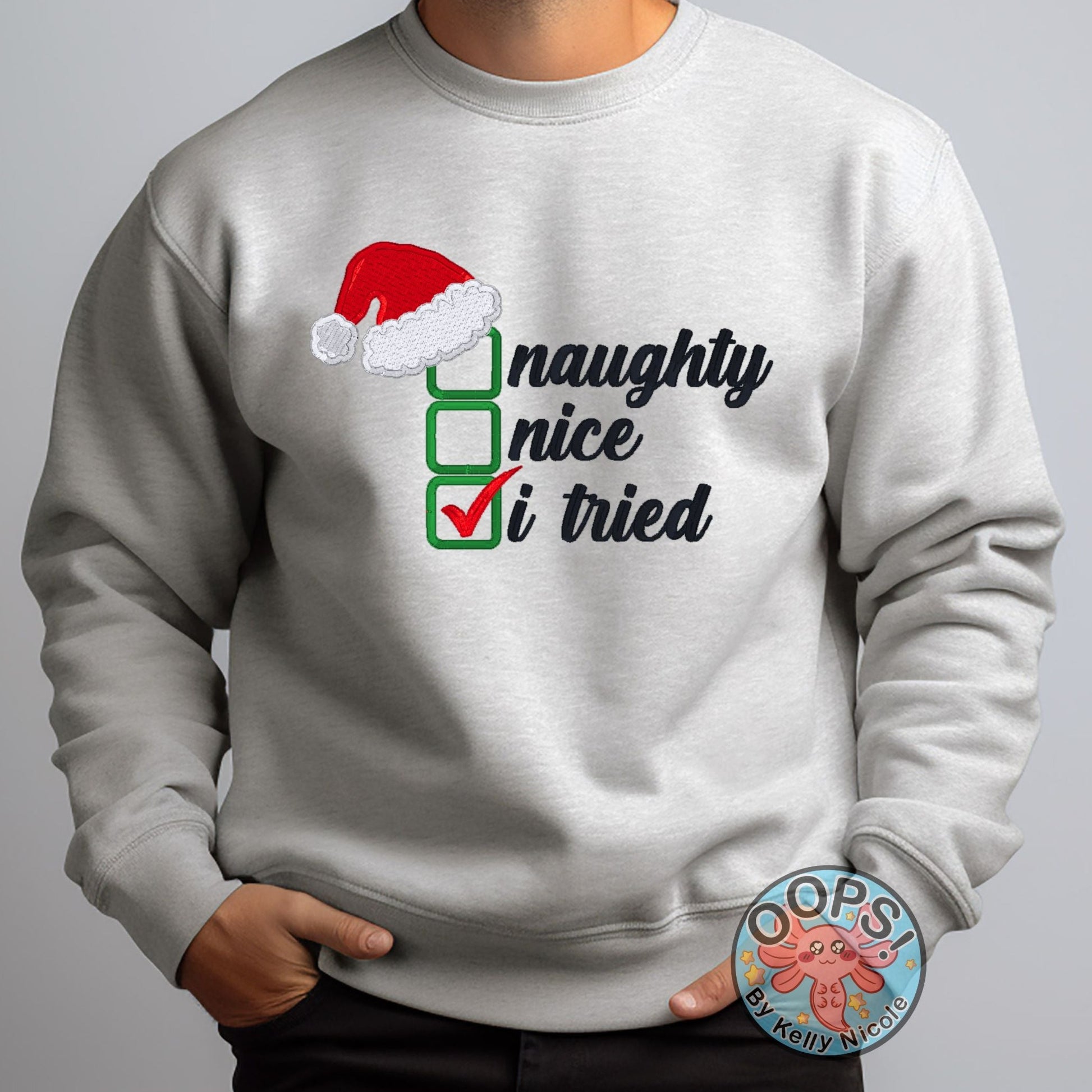 Christmas "Naughty or Nice" Humorous Holiday Embroidered Heavyweight Unisex Sweatshirt in ASH Shop online today to get yours at HTTPS://OOPSBYKELLYNICOLE.COM 