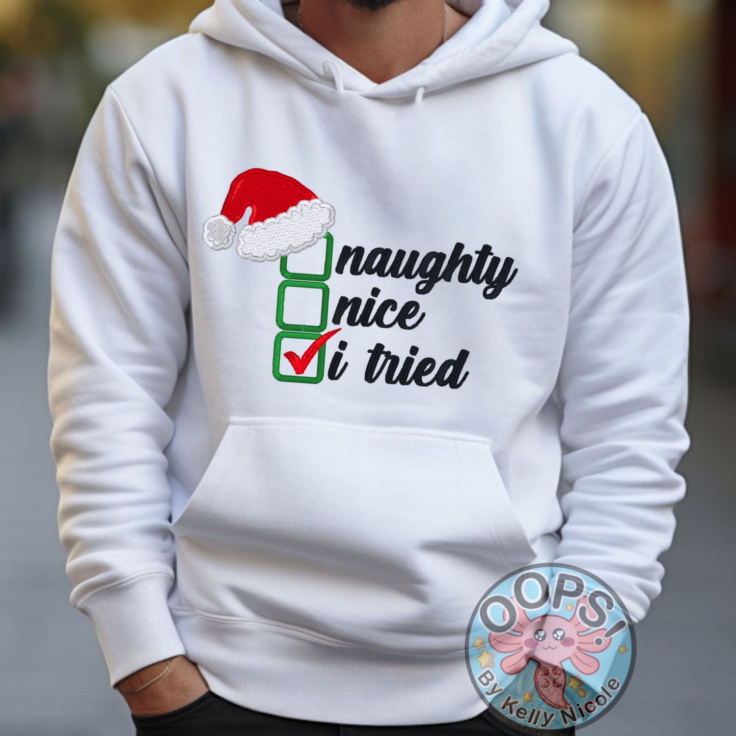 Christmas "Naughty or Nice" Humorous Holiday Embroidered Heavyweight Unisex Hoodie in WHITE Shop online today to get yours at HTTPS://OOPSBYKELLYNICOLE.COM 