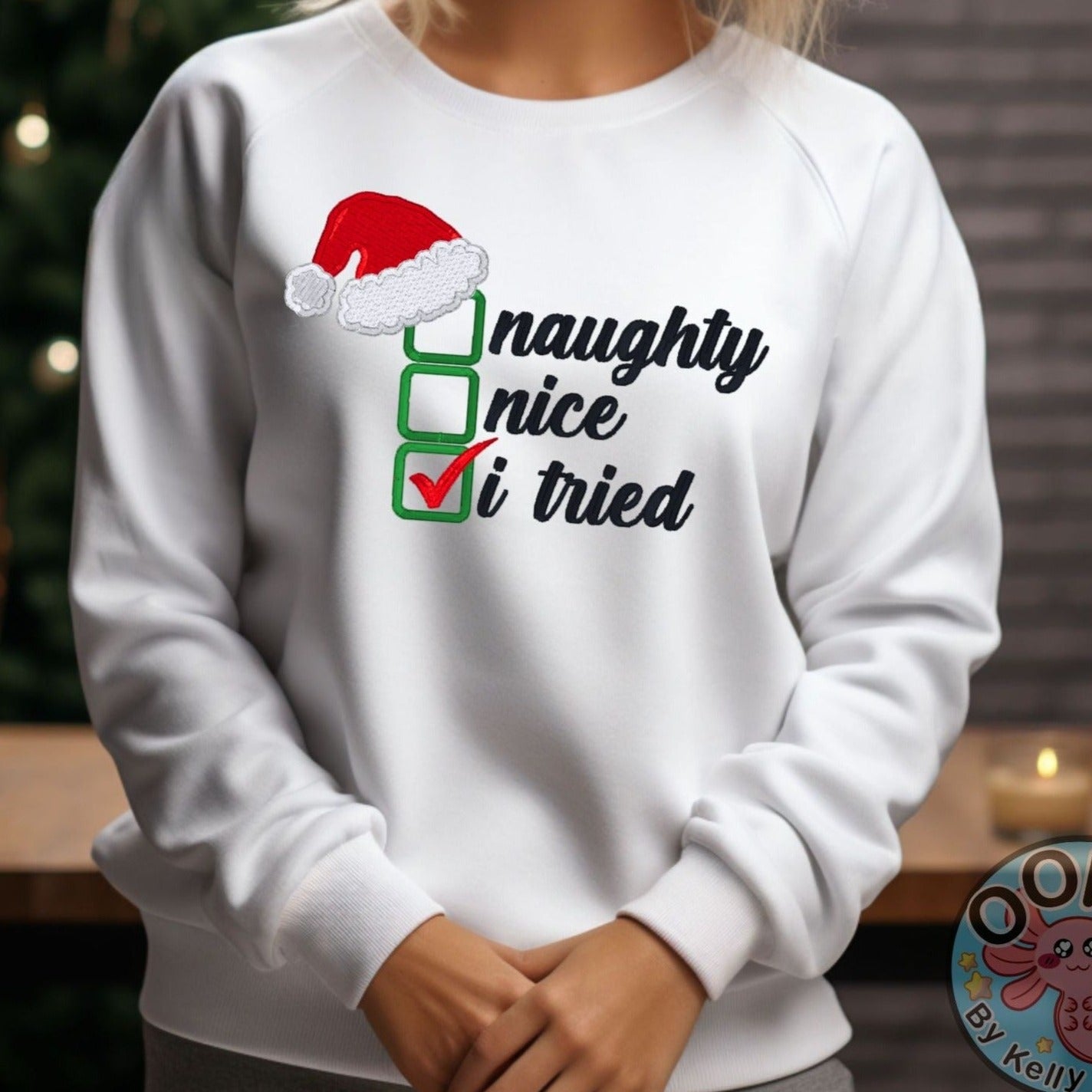 Christmas "Naughty or Nice" Humorous Holiday Embroidered Heavyweight Unisex Sweatshirt in WHITE  Shop online today to get yours at HTTPS://OOPSBYKELLYNICOLE.COM 