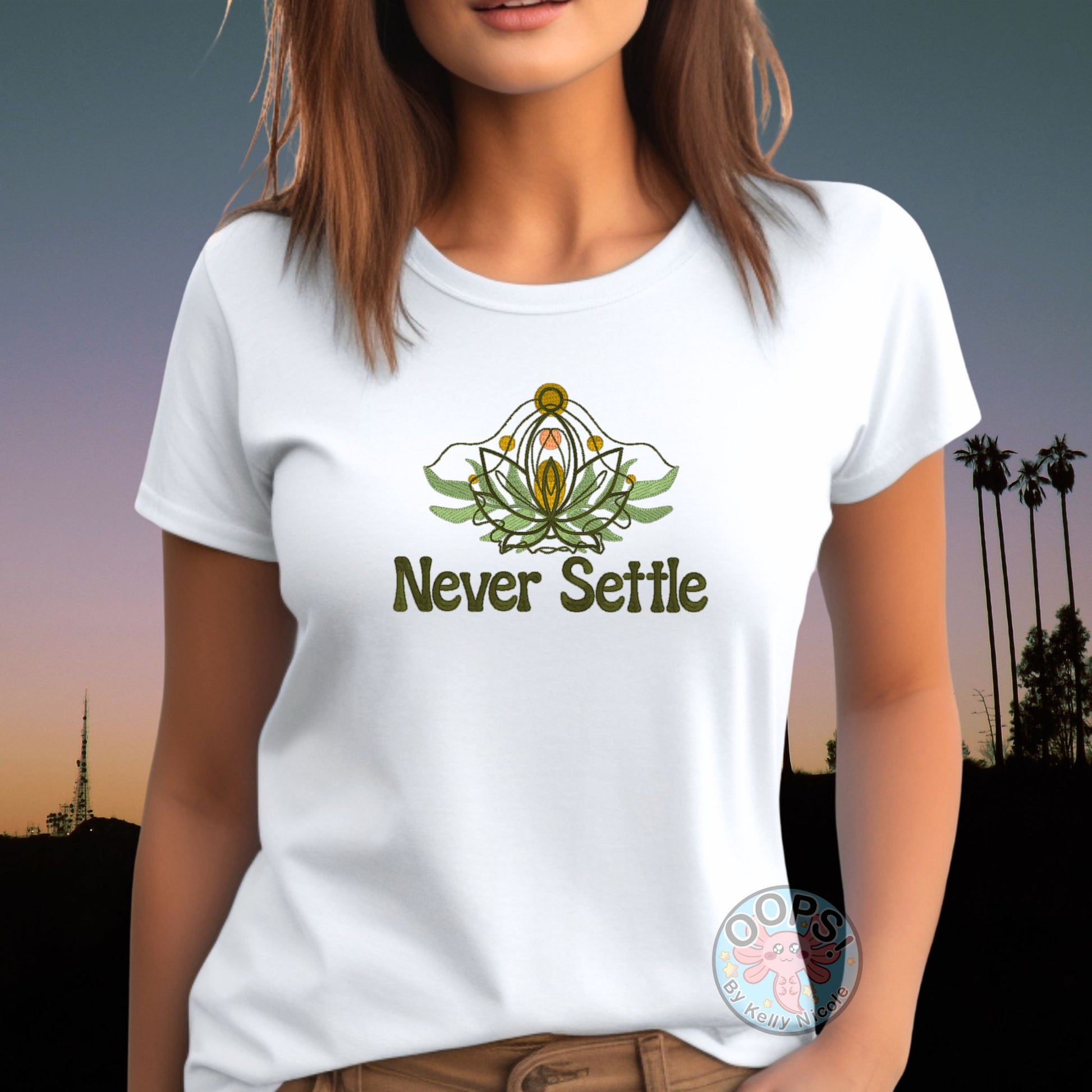 Embroidered “Never Settle” White Unisex T-shirt perfect for Home, work or anytime cozy comfort wear.  Order yours today at https://oopsbykellynicole.com