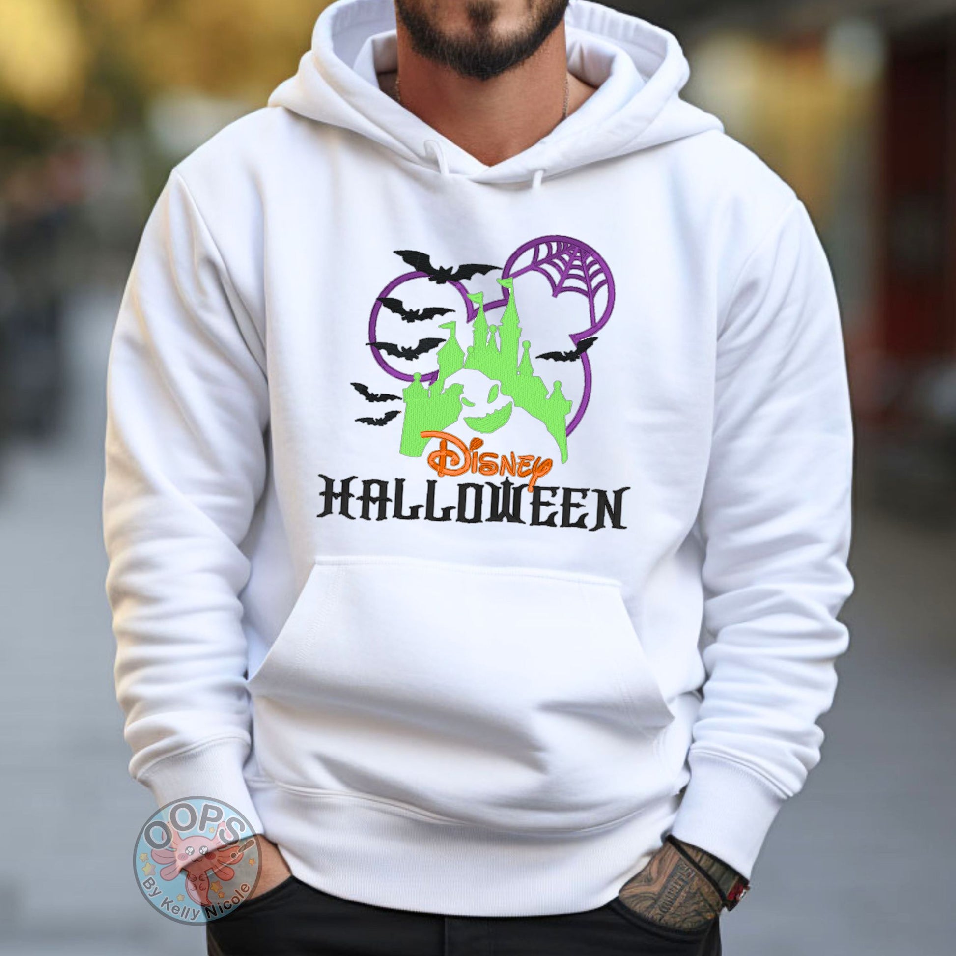 Embroidered DISNEY "Oogie Boogie" Nightmare Before Christmas Halloween Unisex  Hoodie in white1. Great for vacation or anytime Cozy comfort wear. Order yours today at HTTPS://OOPSBYKELLYNICOLE.COM