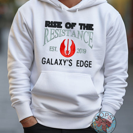 DISNEY GALAXY’S EDGE STAR WARS  RISE OF THE RESISTANCE SHIRT. Embroidered Heavyweight Unisex Hoodie in WHITE.  Shop online today to get yours at HTTPS://OOPSBYKELLYNICOLE.COM 