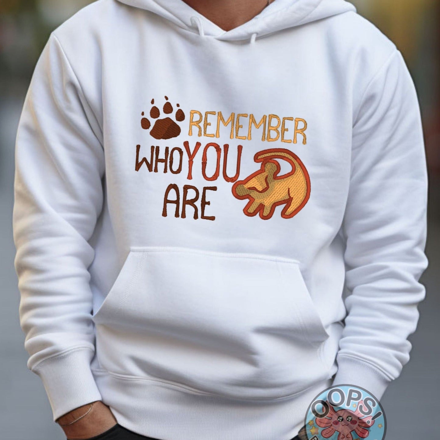 “Disney Lion King “REMEMBER WHO YOU ARE” Inspirational Embroidered Heavyweight Unisex Hoodie in WHITE.  Shop online today to get yours at HTTPS://OOPSBYKELLYNICOLE.COM 