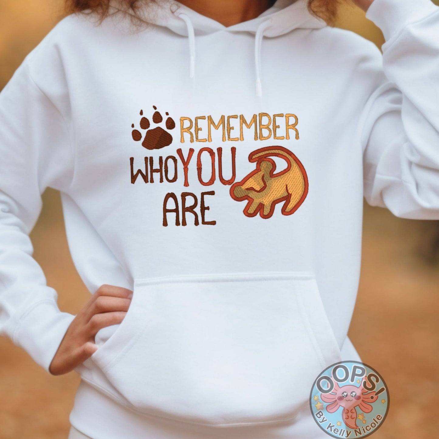 “Disney Lion King “REMEMBER WHO YOU ARE” Inspirational Embroidered Heavyweight Unisex Hoodie in WHITE.  Shop online today to get yours at HTTPS://OOPSBYKELLYNICOLE.COM 