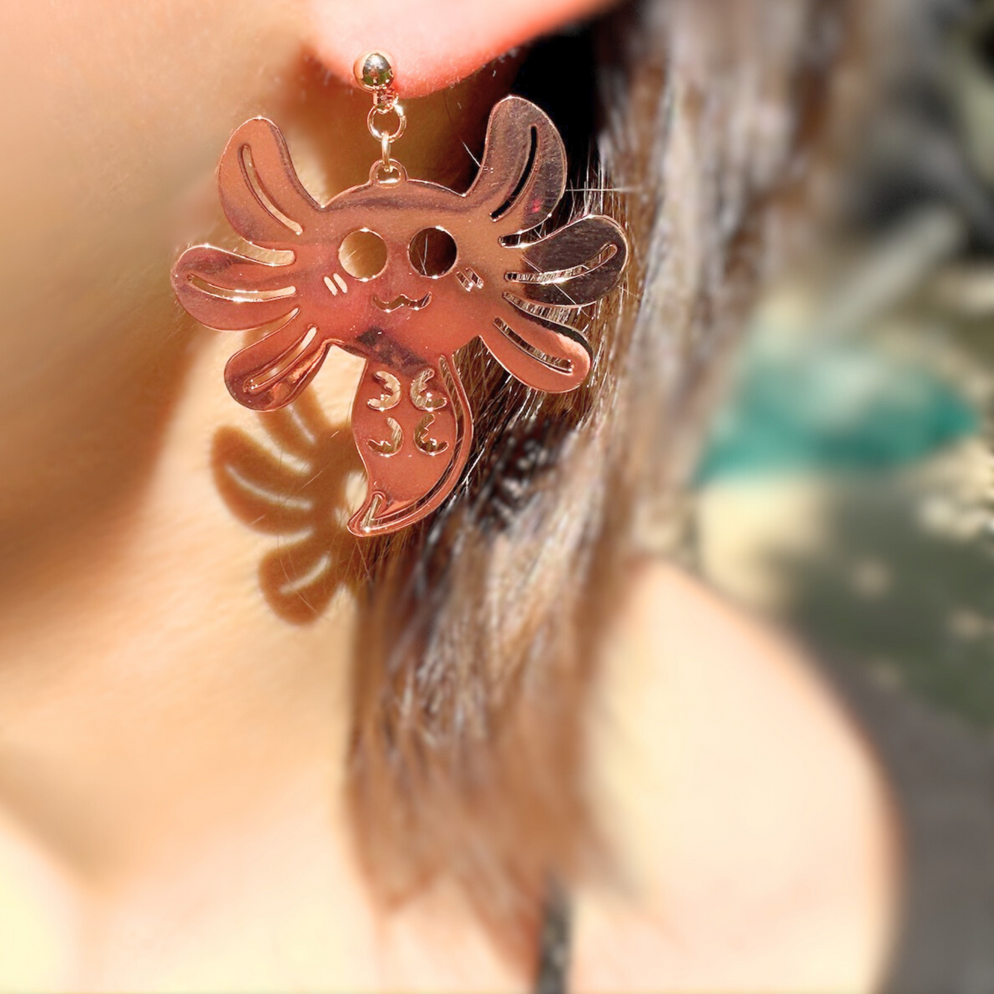 Rose Gold Spud the Axolotl Earrings  Statement Jewelry for Daily wear, Work, Play, Party or memorable Gift