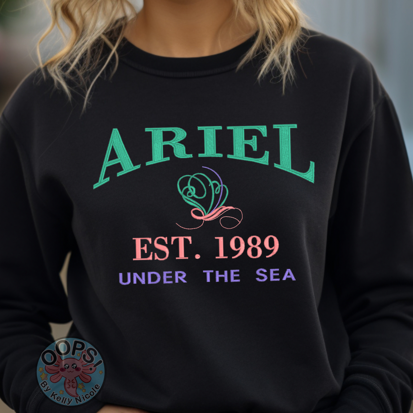 “ARIEL”  Disney Princess  Embroidered  Heavyweight Unisex Sweatshirt in BLACK.  Shop online today to get yours at HTTPS://OOPSBYKELLYNICOLE.COM 