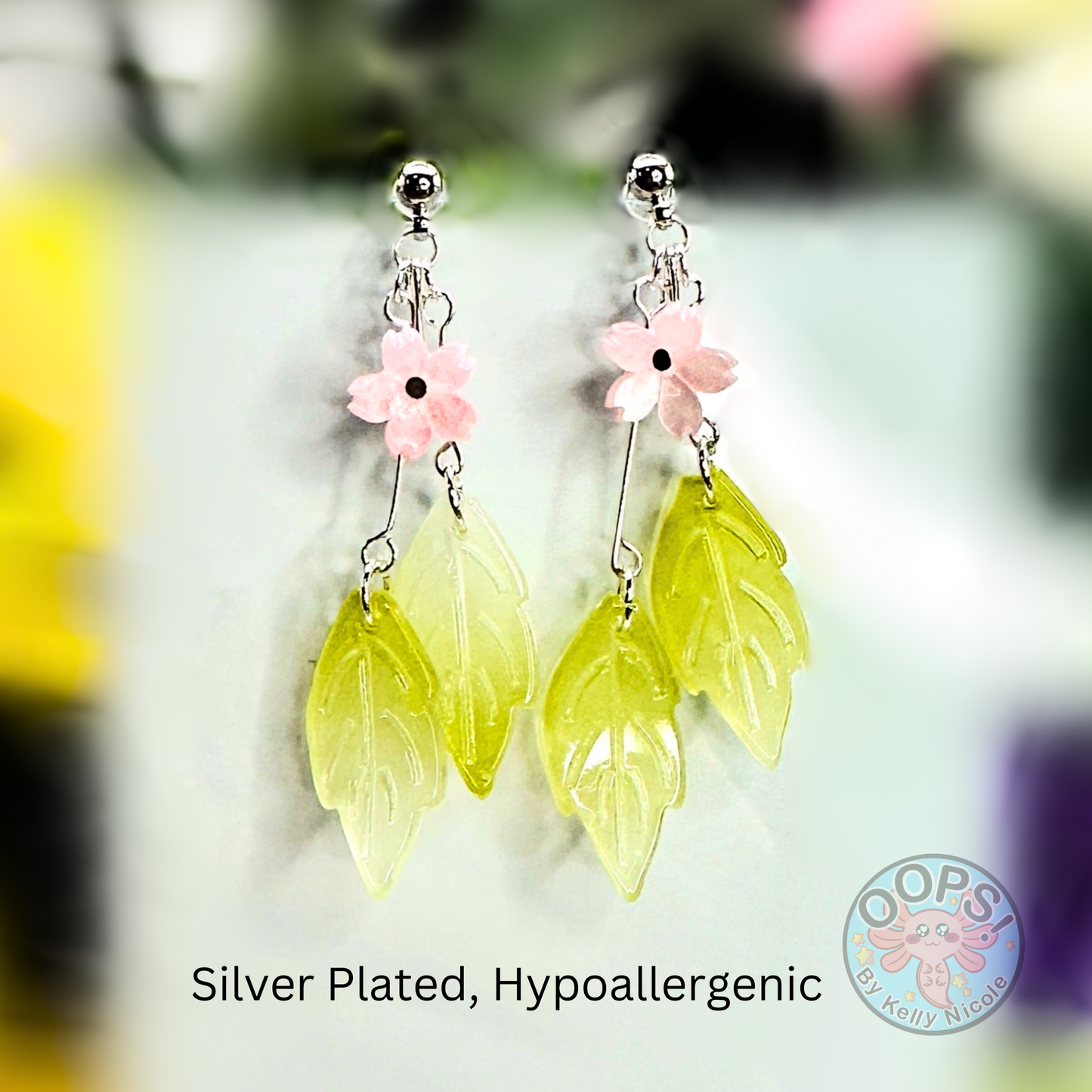  Sakura Pink Cherry Blossom earrings with elegant green leaf Drops with Silver-plated hypoallergenic posts. Lightweight and  perfect for home, work, party or memorable Gift.002 Shop online today to get yours at HTTPS://OOPSBYKELLYNICOLE.COM 