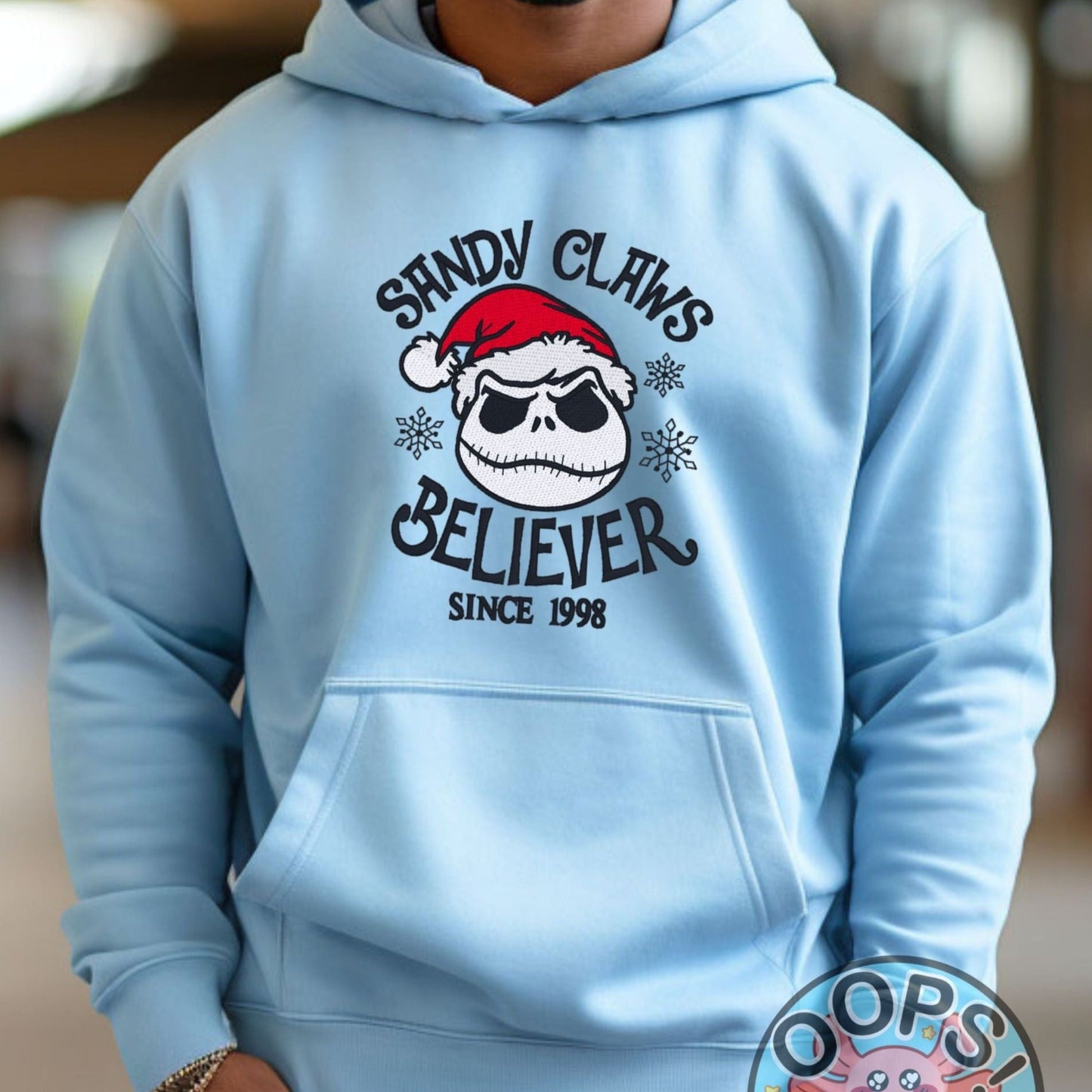 Jack Skellington, Nightmare Before Christmas, "Sandy Claus Believer"  Embroidered Heavyweight Unisex Hoodie in BLUE.  Shop online today to get yours at HTTPS://OOPSBYKELLYNICOLE.COM 