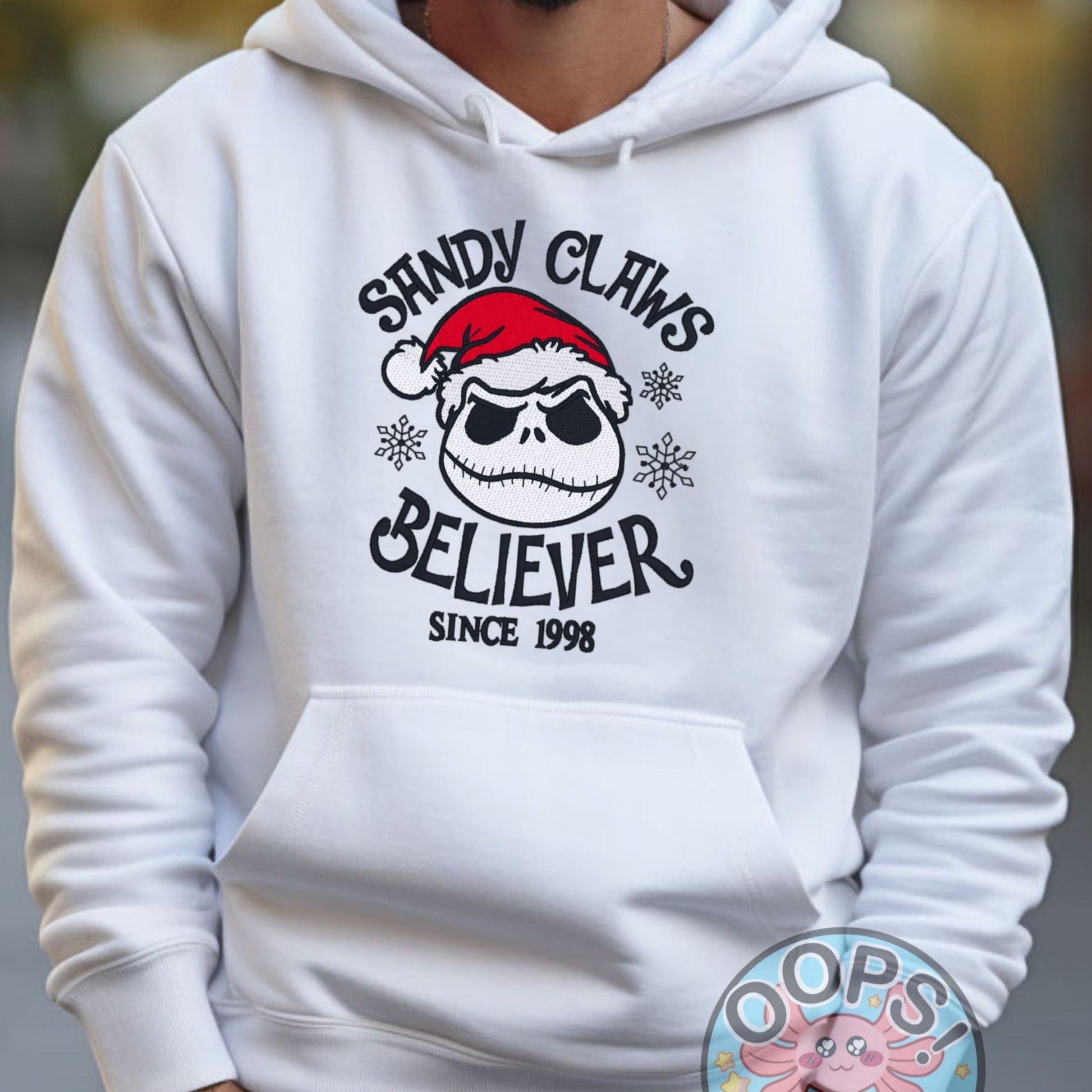 Jack Skellington, Nightmare Before Christmas, "Sandy Claus Believer"  Embroidered Heavyweight Unisex Hoodie in WHITE.  Shop online today to get yours at HTTPS://OOPSBYKELLYNICOLE.COM 