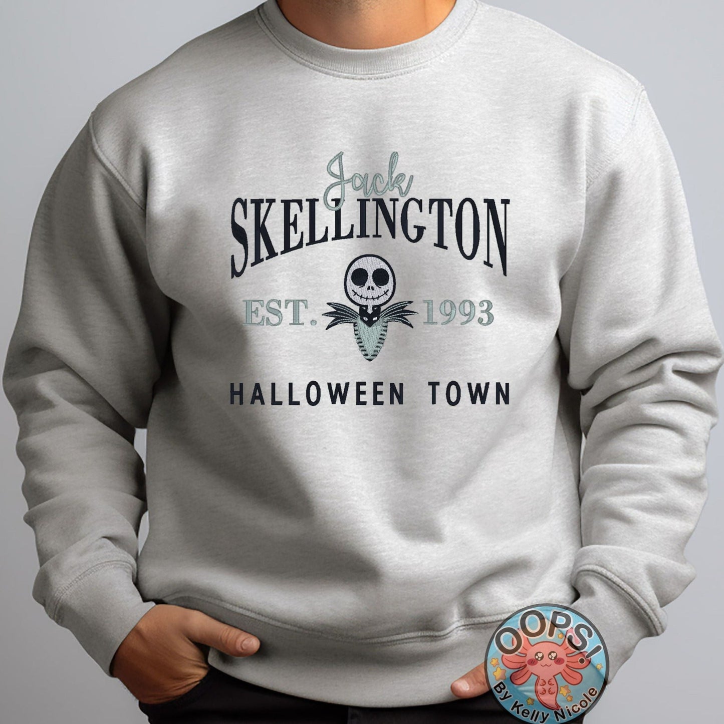 DISNEY “JACK SKELLINGTON HALLOWEENTOWN” Embroidered Heavyweight Unisex Sweatshirt in ASH.  Shop online today to get yours at HTTPS://OOPSBYKELLYNICOLE.COM 