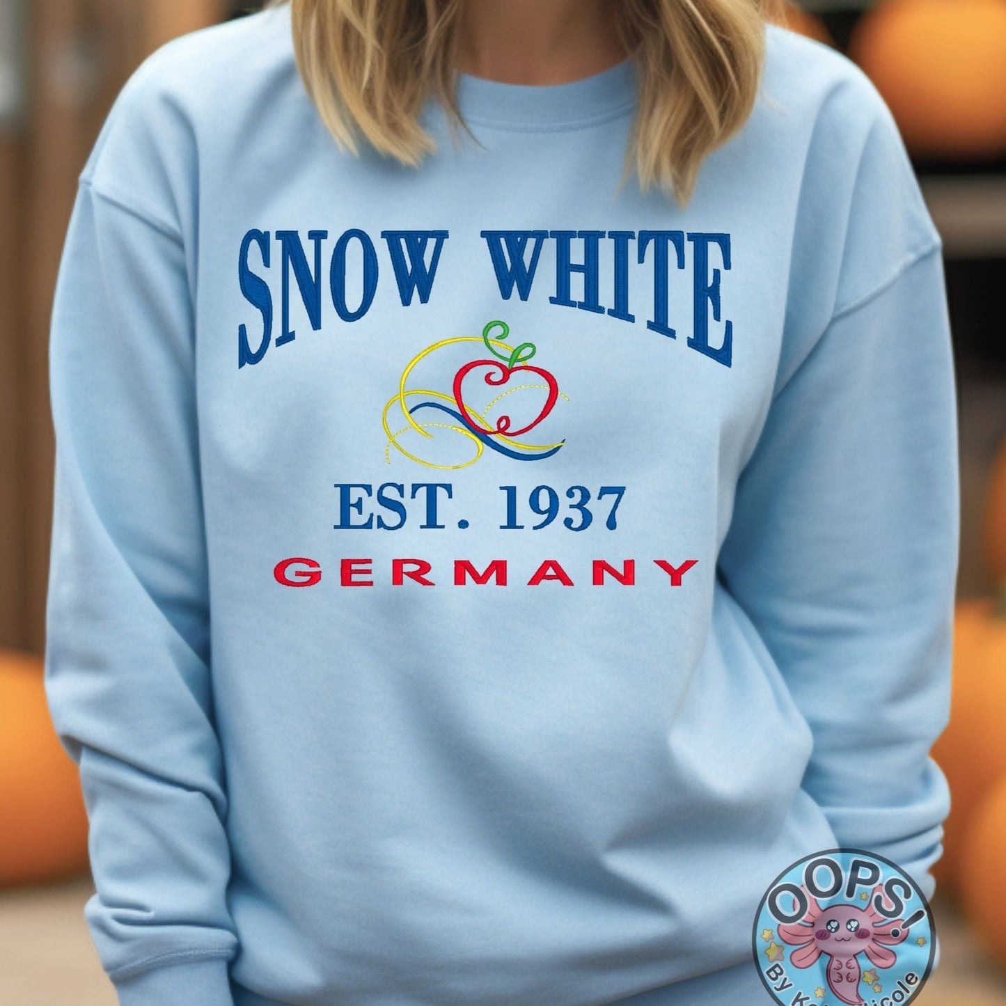 “SNOW WHITE”  Disney Princess  Embroidered  Heavyweight Unisex Sweatshirt in BLUE.  Shop online today to get yours at HTTPS://OOPSBYKELLYNICOLE.COM 