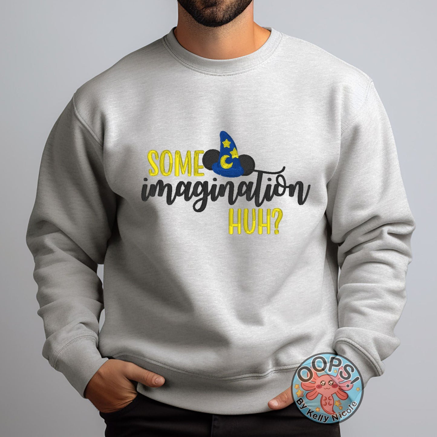 DISNEY Mickey Mouse “SOME IMAGINATION” Fantasmic Inspirational Embroidered Heavyweight Unisex Sweatshirt in ASH.  Shop online today to get yours at HTTPS://OOPSBYKELLYNICOLE.COM 