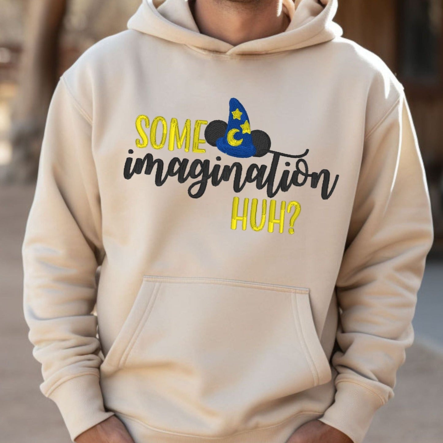 DISNEY Mickey Mouse “SOME IMAGINATION” Fantasmic  Inspirational Embroidered Heavyweight Unisex Hoodie in sand.  Shop online today to get yours at HTTPS://OOPSBYKELLYNICOLE.COM 