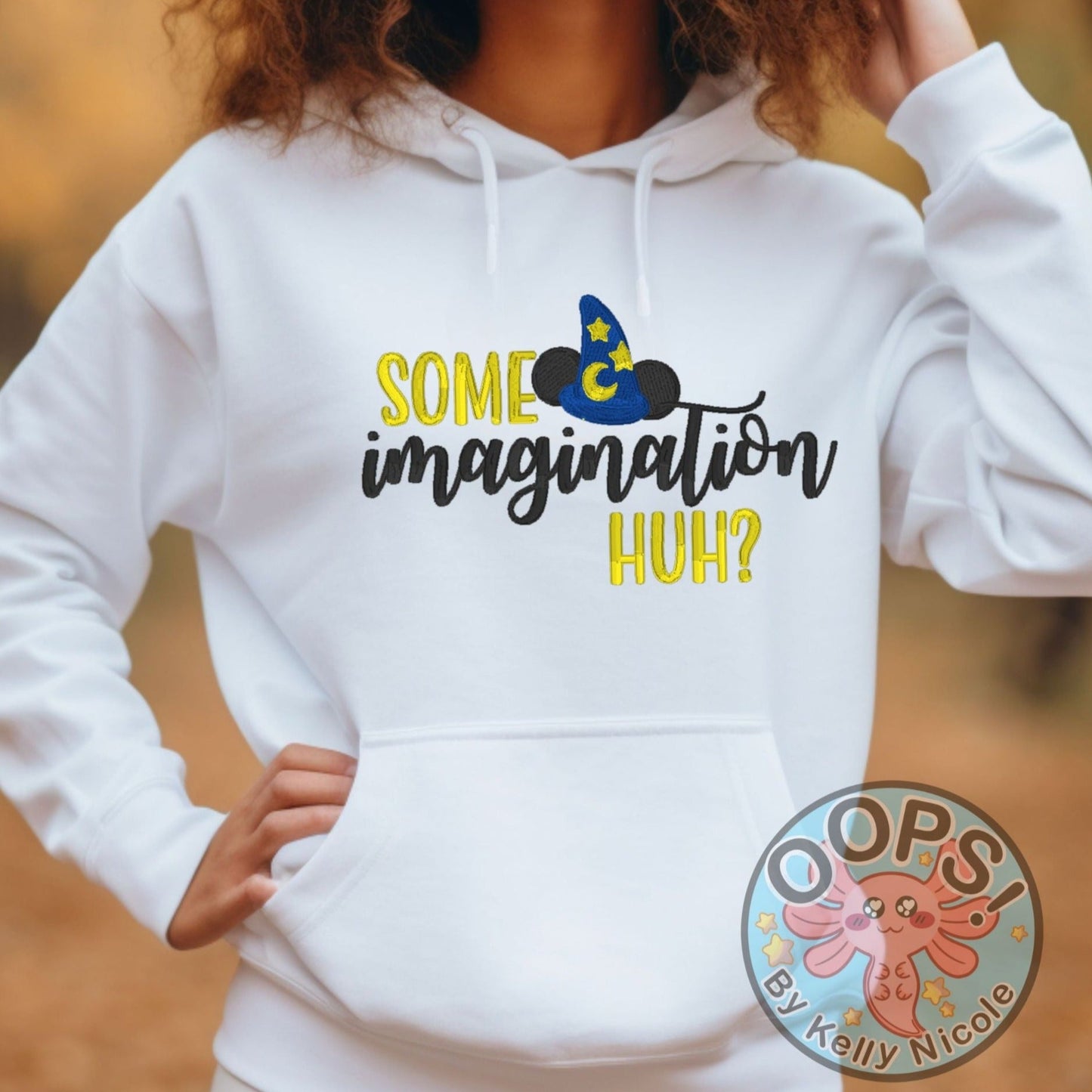 DISNEY Mickey Mouse “SOME IMAGINATION” Fantasmic  Inspirational Embroidered Heavyweight Unisex Hoodie in WHITE.  Shop online today to get yours at HTTPS://OOPSBYKELLYNICOLE.COM 