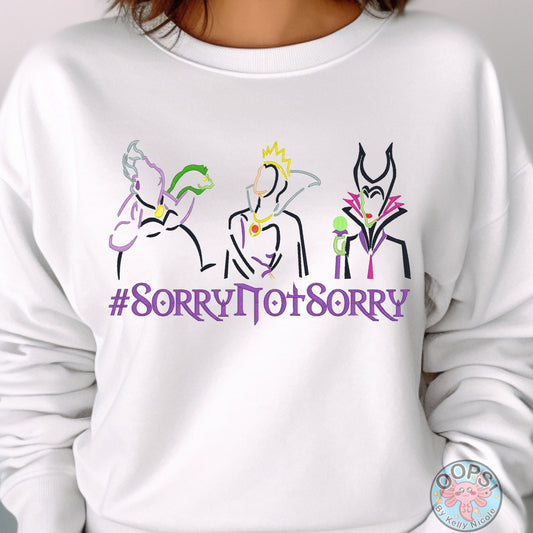 Embroidered "Sorry, Not Sorry" Disney Villain Embroidered  Heavyweight Unisex Sweatshirt in WHITE.  Shop online today to get yours at HTTPS://OOPSBYKELLYNICOLE.COM 