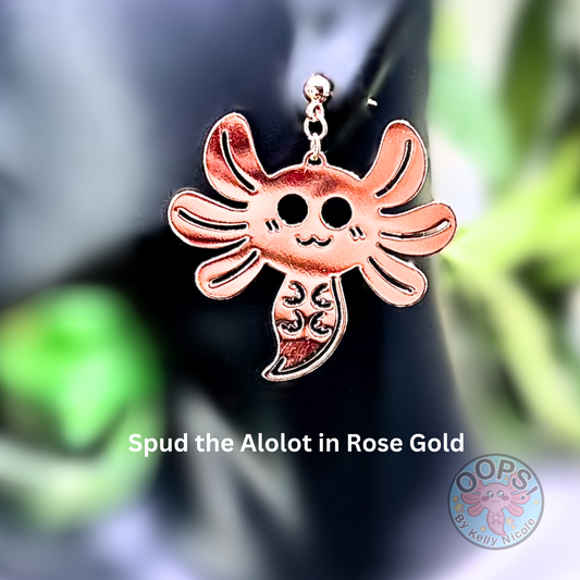 Rose Gold Spud the Axolotl Earrings  Statement Jewelry for Daily wear, Work, Play, Party or memorable Gift