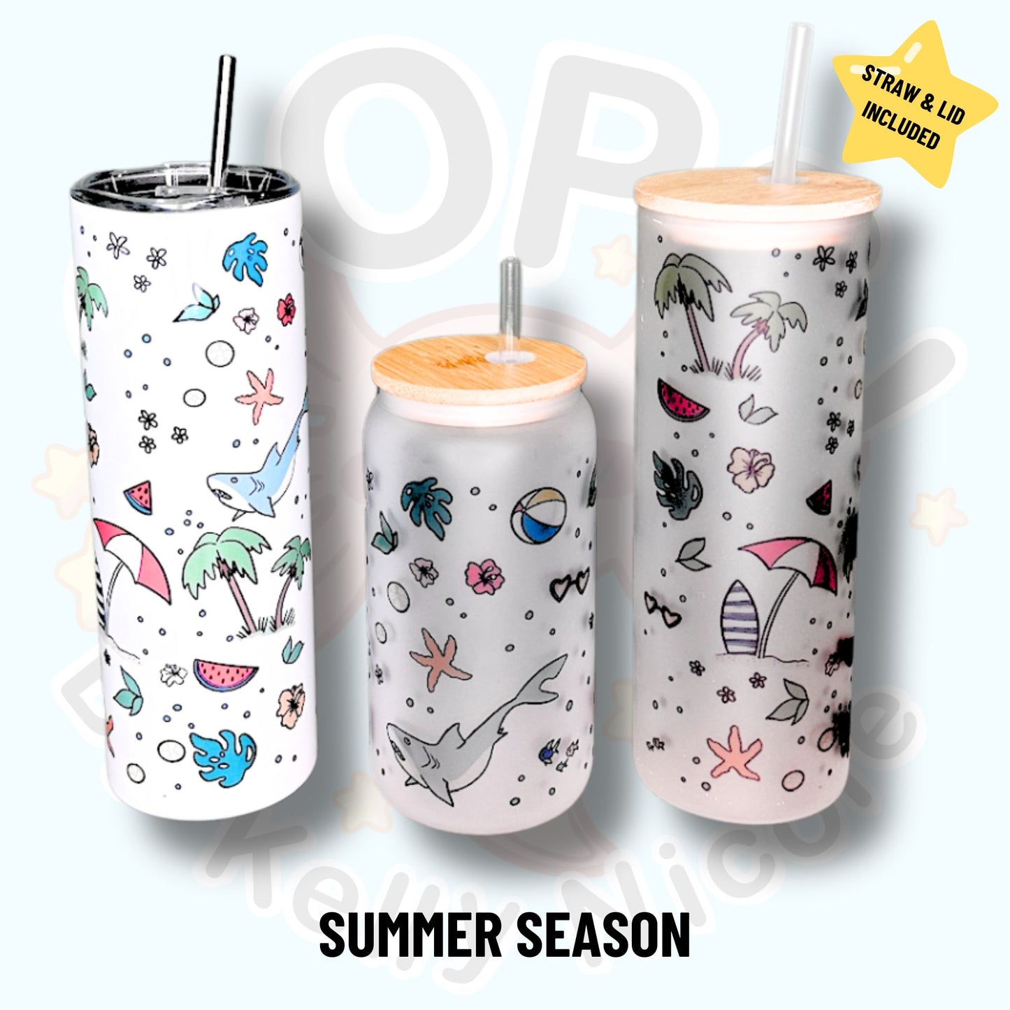 Custom Summer Season Drinkware; 20 oz, 16 oz Frosted glass or 20 oz stainless Steel Insulated Coffee Tumbler for daily use or Gift.